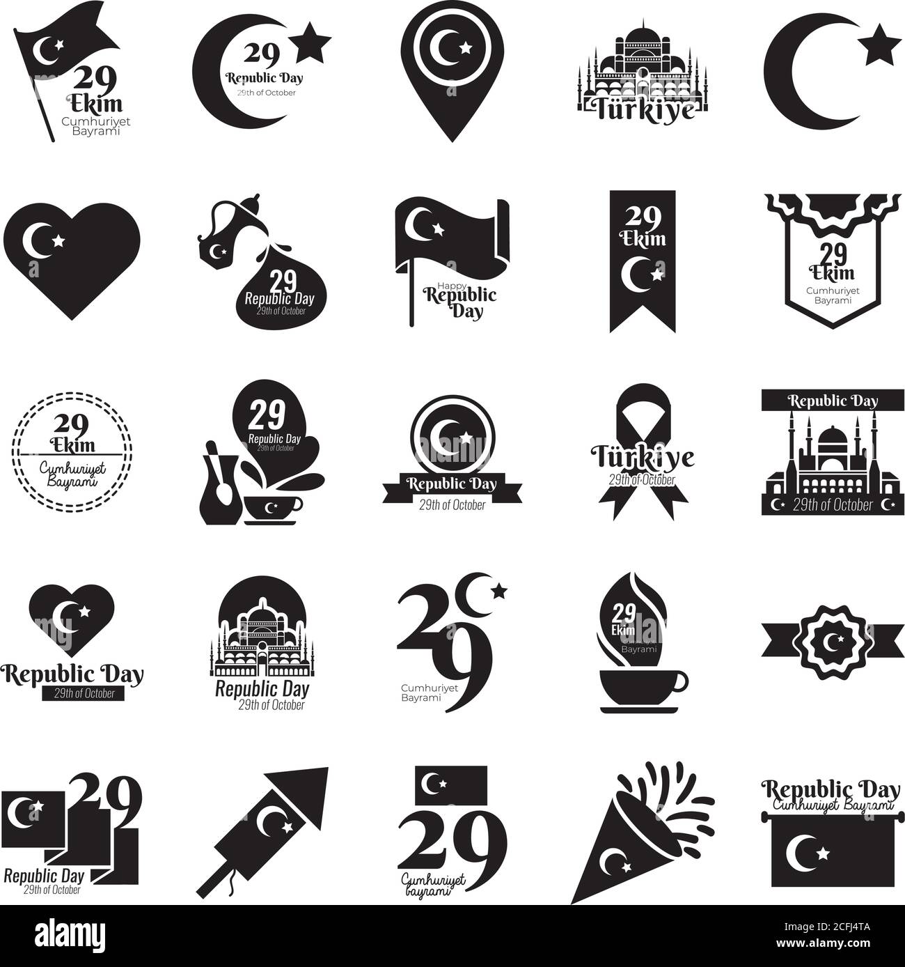 ensemble de vingt-cinq symboles de style silhouette cumhuriyet bayrami illustration vectorielle Illustration de Vecteur