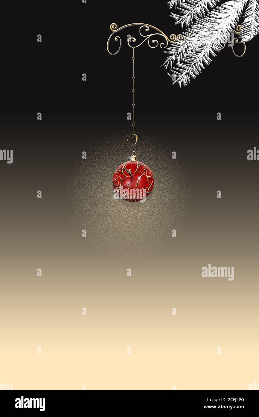 Décoration élégante de Noël 2021 du nouvel an avec boule dorée rouge et confetti dorés sur fond noir spectaculaire. Carte de nouvel an verticale minimaliste. Place pour le texte, espace de copie. Illustration 3D. Banque D'Images
