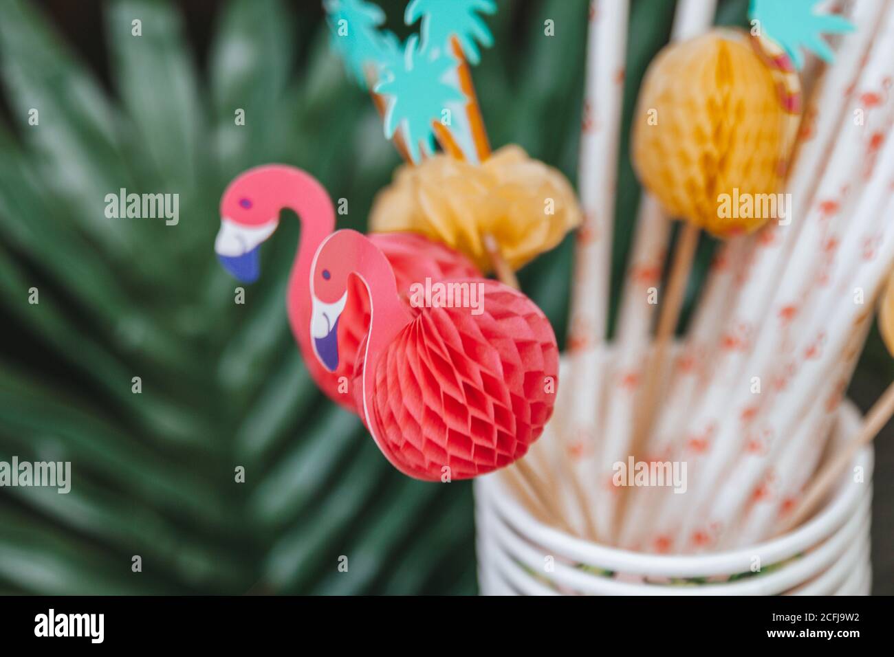 Décorations de fête tropicales. Pompons en papier coloré, fête sur le thème tropical. Fête de jardin. Banque D'Images