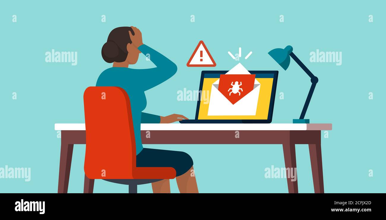Une femme choquée reçoit un e-mail contenant un concept de virus, de cybercriminalité et de sécurité sur Internet Illustration de Vecteur