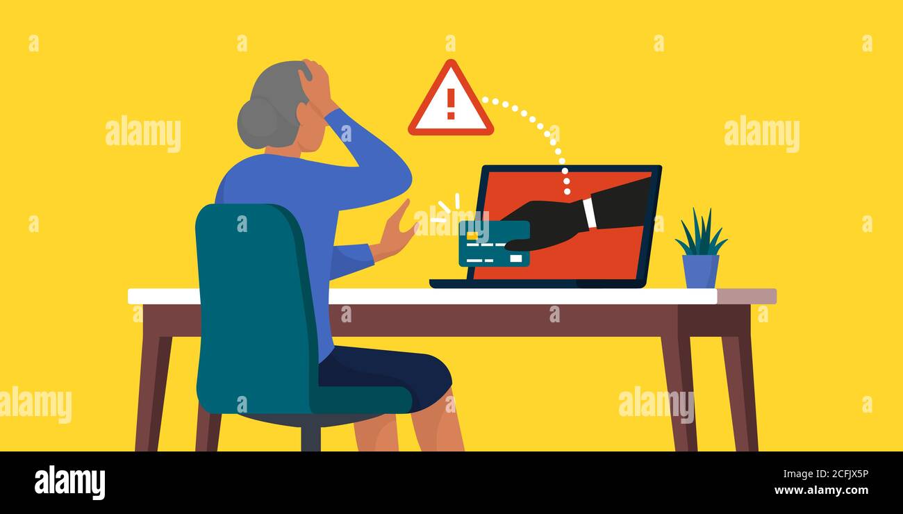 Scammer voler une carte de crédit d'une femme senior en ligne, la fraude sur Internet et le concept des aînés Illustration de Vecteur