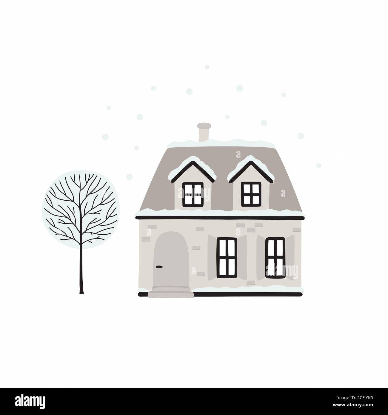 Maison d'hiver de dessin animé. Image vectorielle d'une maison de Noël et d'un arbre recouvert de neige. Illustration de Vecteur