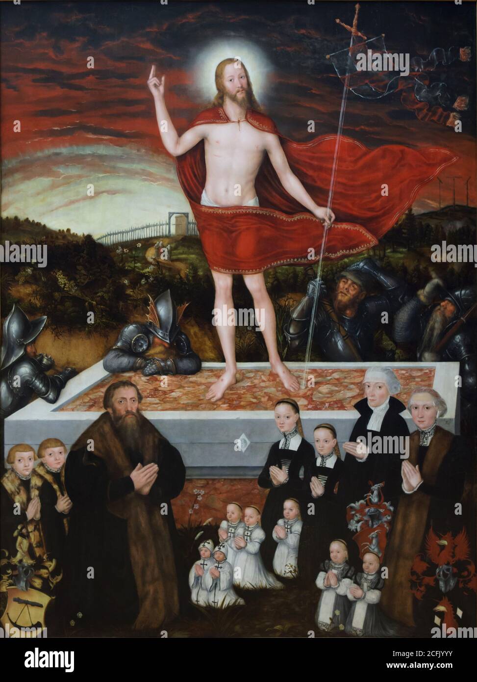 Peinture 'Résurrection du Christ' par le peintre allemand de la Renaissance Lucas Cranach le jeune (1557) exposé au Musée der bildenden Künste (Musée des Beaux-Arts) à Leipzig, Saxe, Allemagne. Banque D'Images