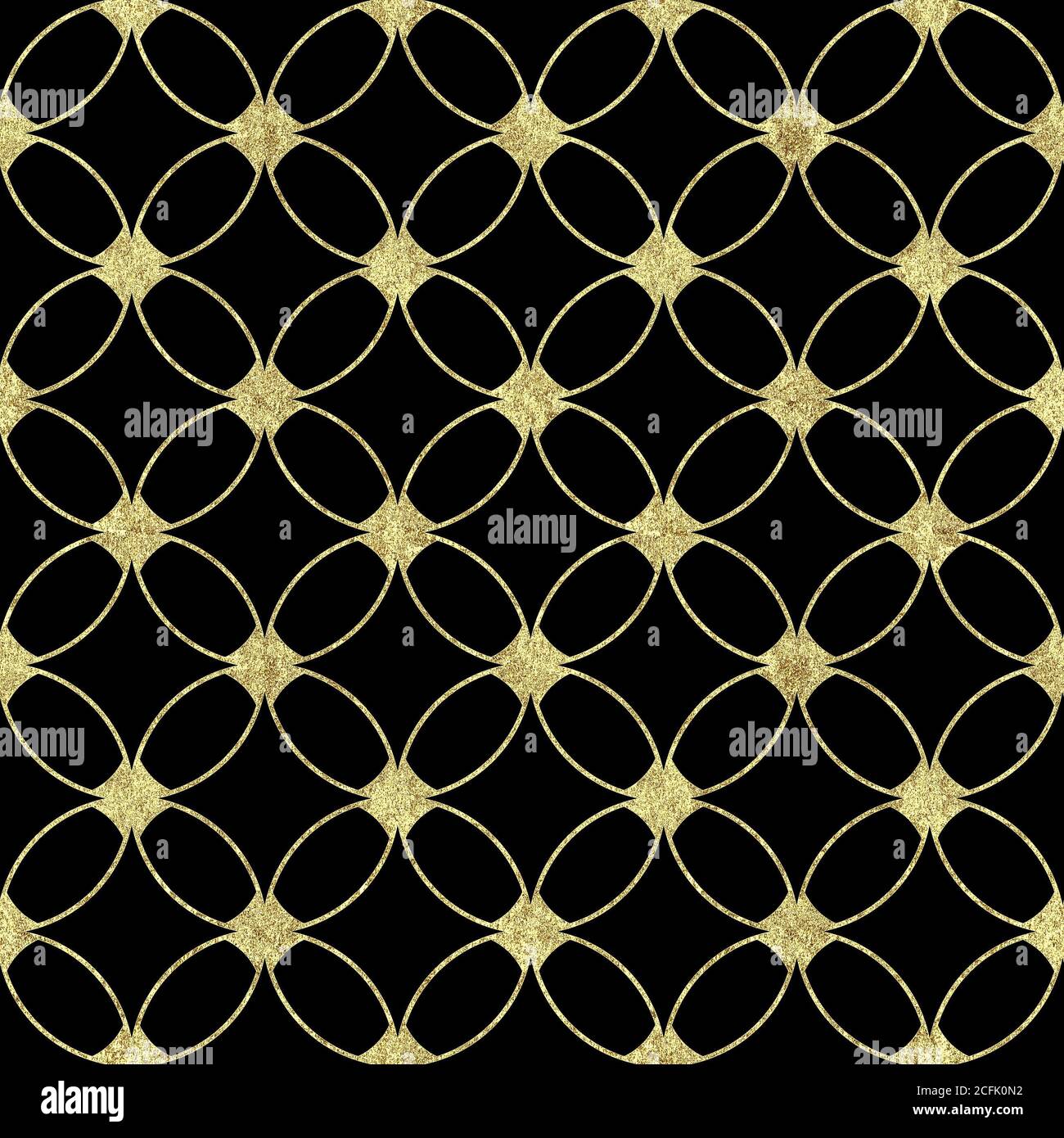Arrière-plan noir de luxe sans couture avec motif abstrait doré brillant. Texture avec cercles se chevauchant et ligne de contour dorée. Imprimer pour le papier peint Banque D'Images