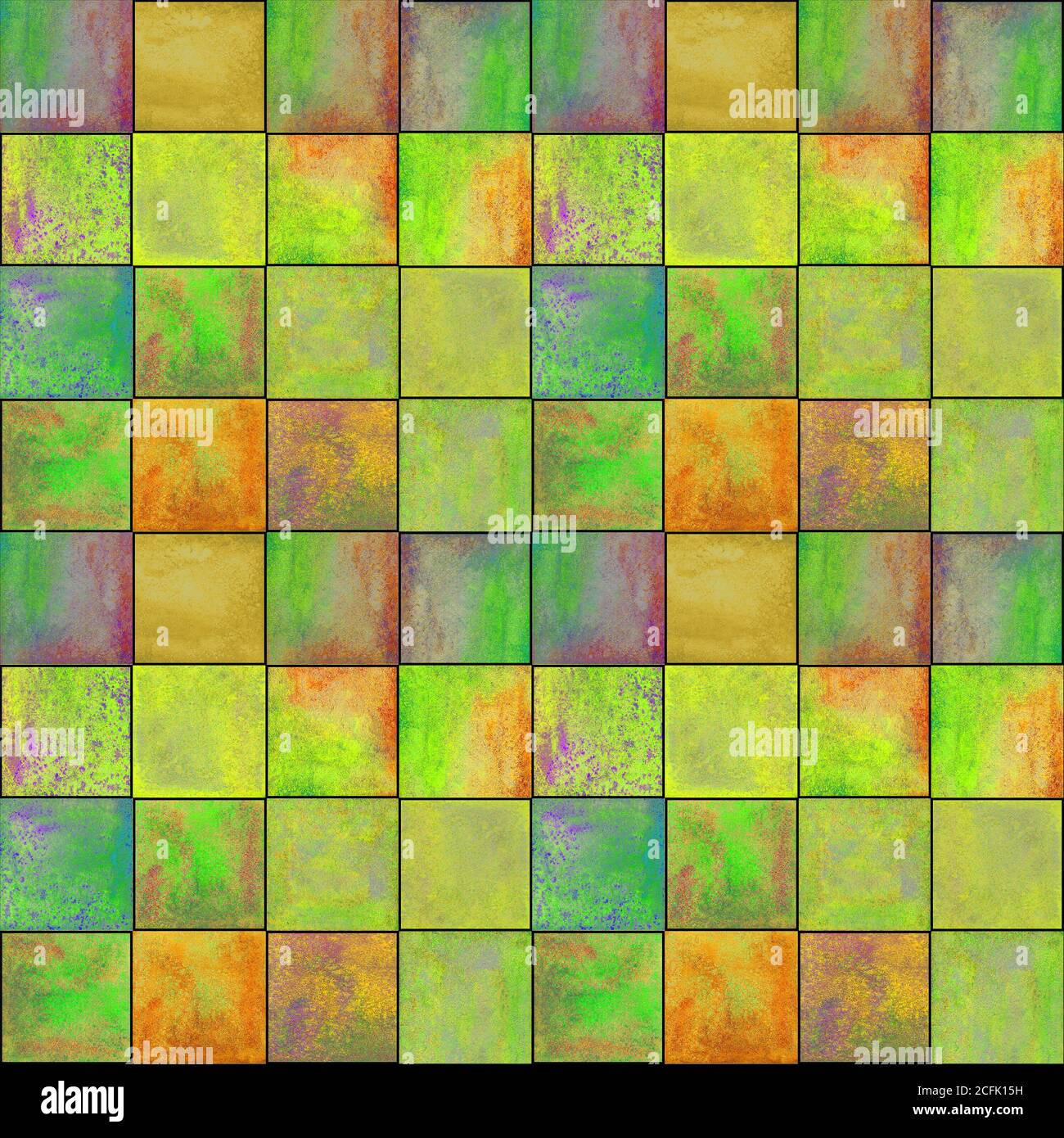 Motif géométrique abstrait sans couture. Maquette aquarelle multicolore vert jaune orange dessinée à la main avec formes carrées simples. Merde aquarelle Banque D'Images