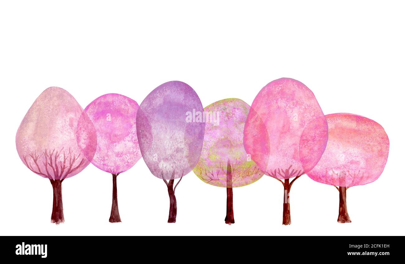 Arrière-plan de l'ensemble d'arbres à chevauchement rose printemps. Aquarelle dessin animé coloré Fresh Tree collection isolée sur fond blanc. Bo aquarelle dessiné à la main Banque D'Images