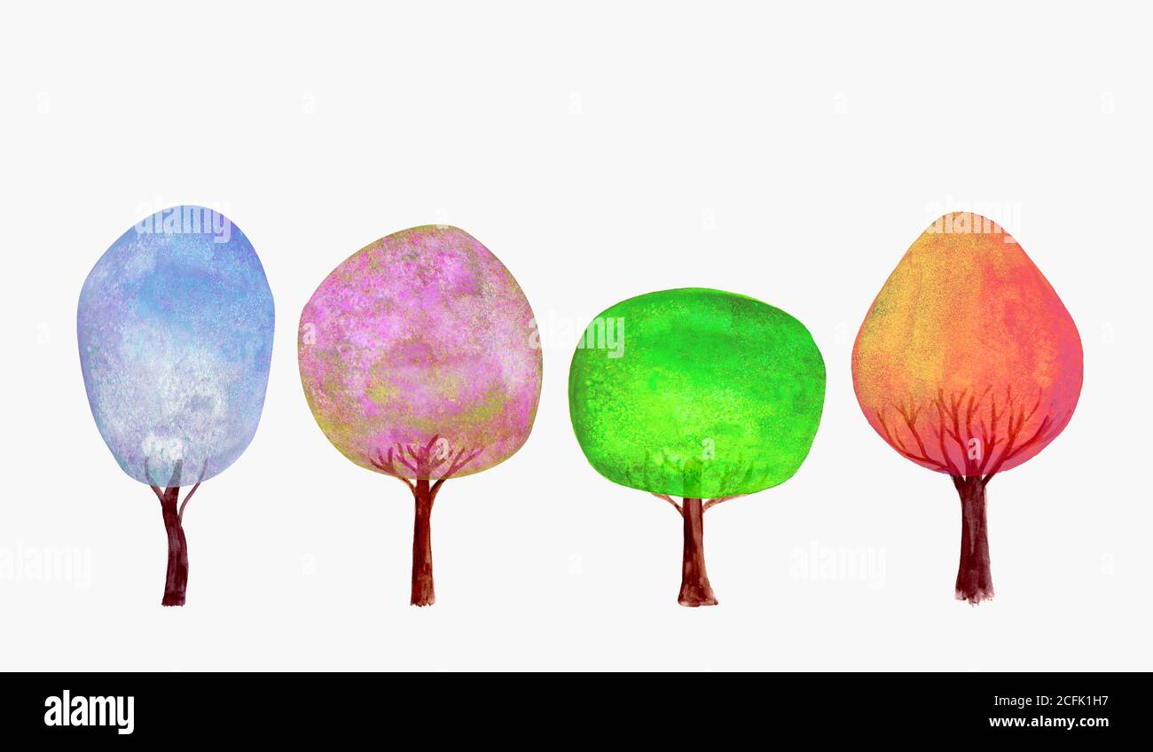 Quatre saisons hiver printemps été automne bleu rose vert or arbres définir fond. Collection d'arbres colorés à l'aquarelle isolée sur fond blanc. Banque D'Images