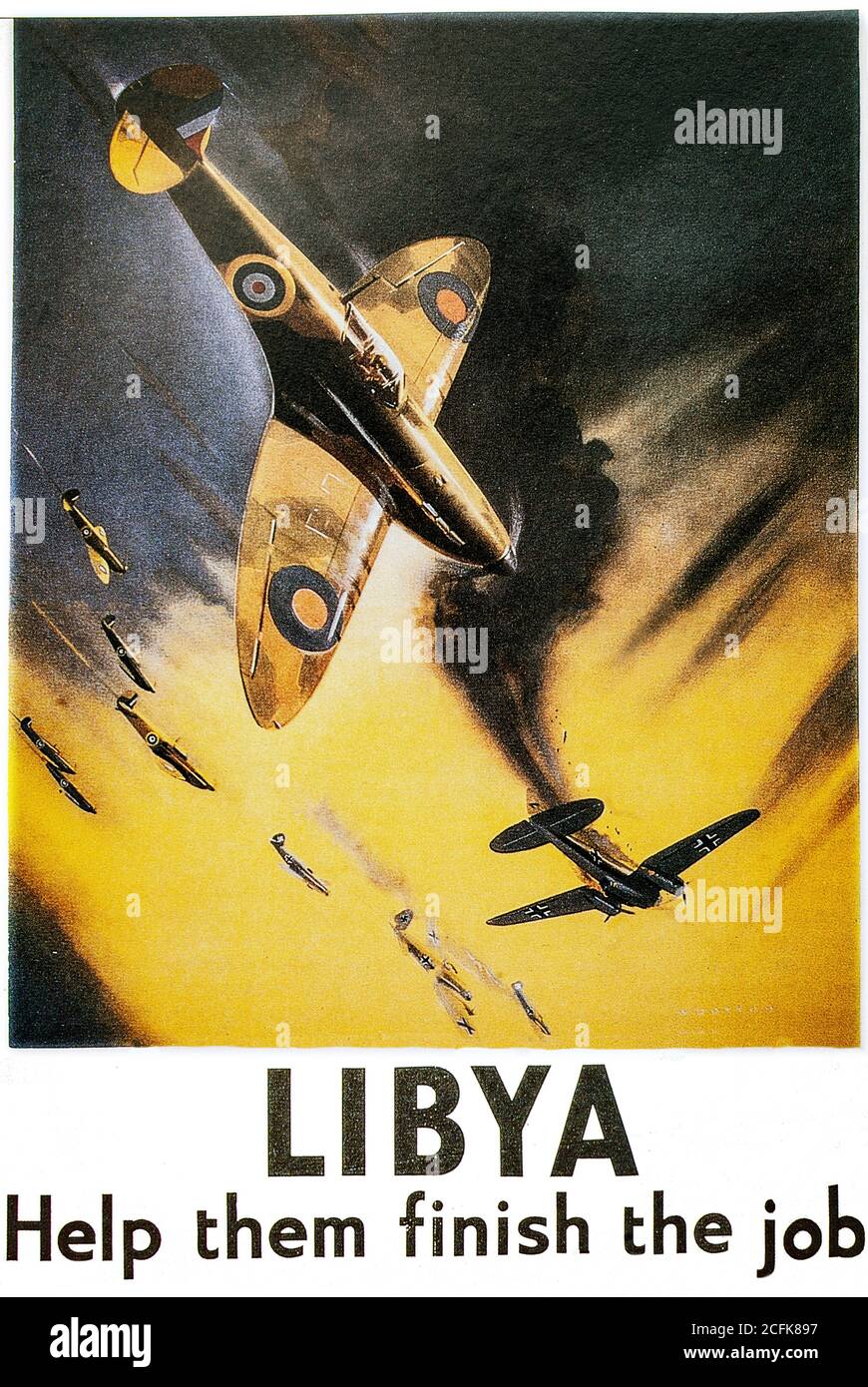 Une affiche de guerre illustrant un avion de chasse Supermarine Spitfire à siège unique qui a tiré sur un bombardier allemand Heinkel He 111 au-dessus de la Libye pendant la campagne du désert occidental de la Seconde Guerre mondiale. Banque D'Images