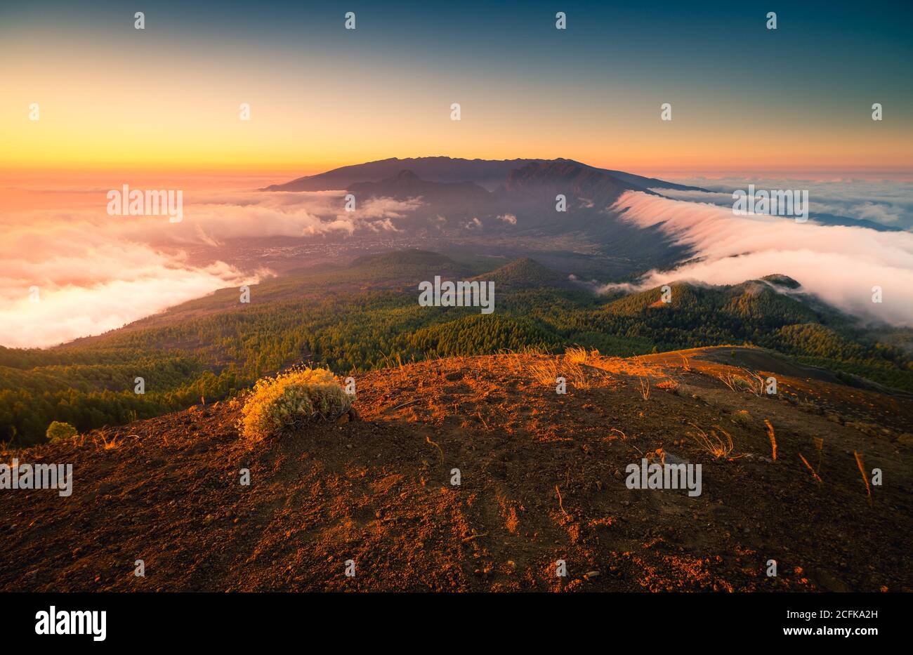 Paysage majestueux de la chaîne de montagnes couverte de nuages et de vallée avec des arbres sous un ciel bleu sans nuages Banque D'Images