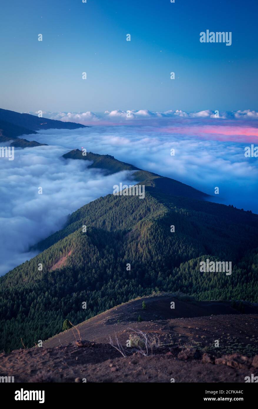 Paysage majestueux de la chaîne de montagnes couverte de nuages et de vallée avec des arbres sous un ciel bleu sans nuages Banque D'Images