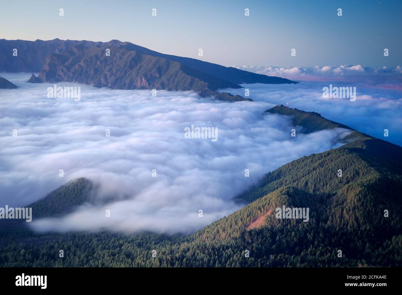 Paysage majestueux de la chaîne de montagnes couverte de nuages et de vallée avec des arbres sous un ciel bleu sans nuages Banque D'Images