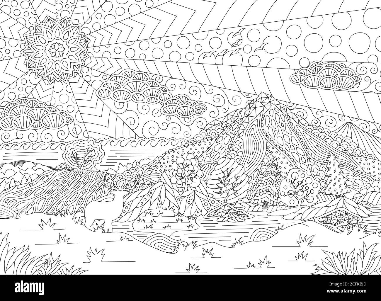 Illustration monochrome avec un paysage magnifique pour les pages de livres à colorier pour adultes Illustration de Vecteur