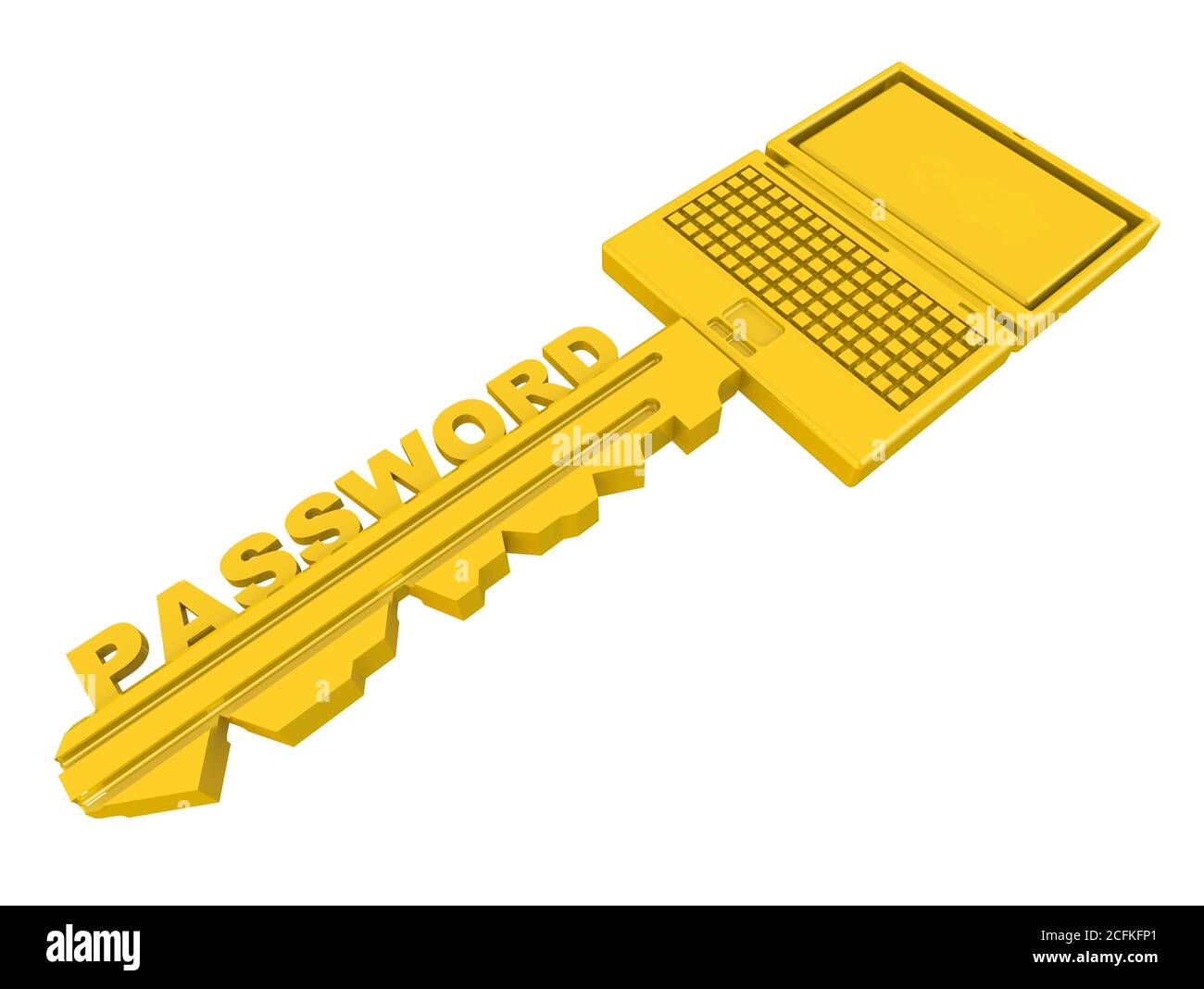 Clé d'accès aux informations personnelles. Clé dorée sous forme de bloc-notes avec mot DE PASSE isolé sur fond blanc. Illustration 3D Banque D'Images