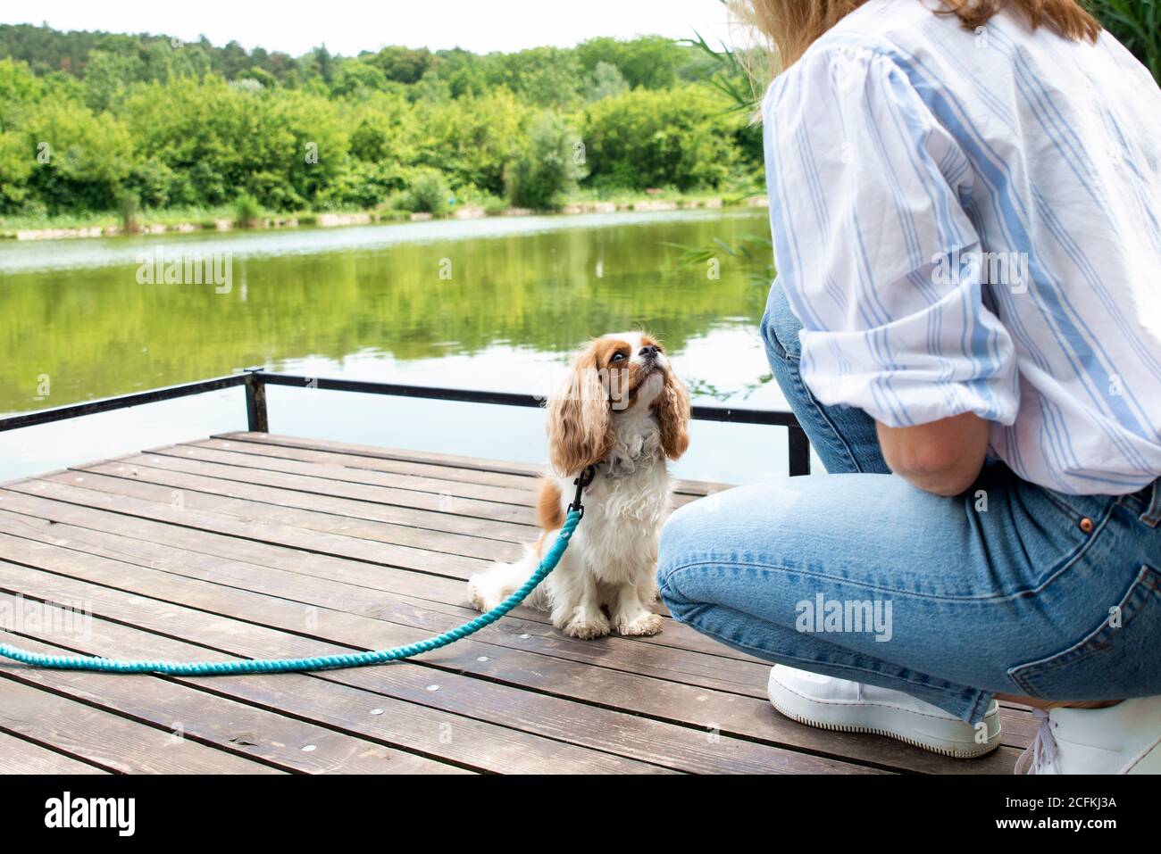 Photo courte d'une femme méconnue assise avec son chiot cavalier sur la jetée et regardant l'une l'autre. Banque D'Images