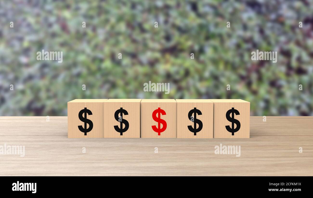 $ symbole Dollar mot cubes en bois sur la table horizontale sur fond flou avec des feuilles vertes grimpantes, maquette, modèle, bannière avec espace de copie Banque D'Images