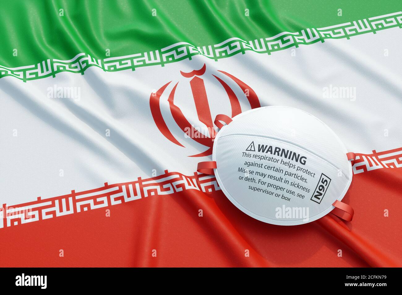 Coronavirus médical masque chirurgical sur le drapeau national iranien. Maladie, pandémie, virus covid-19 en Iran, concept 3d rendu illustration Banque D'Images