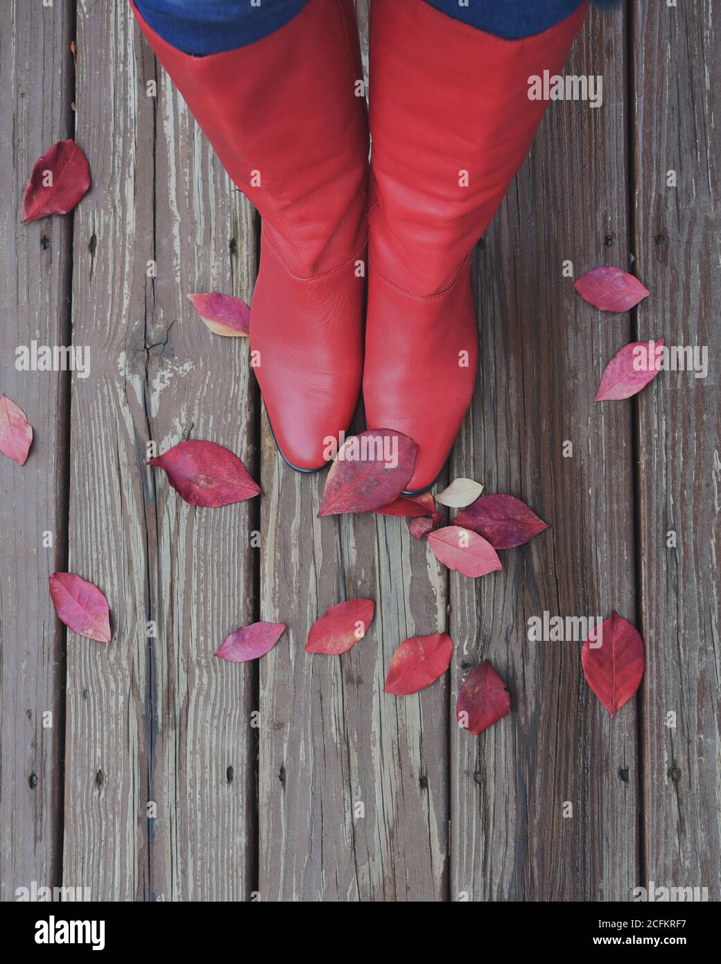 Une paire de bottes rouges pour femmes regarde vers le bas sur les feuilles d'automne contre un plancher de bois pour un concept saisonnier. Banque D'Images