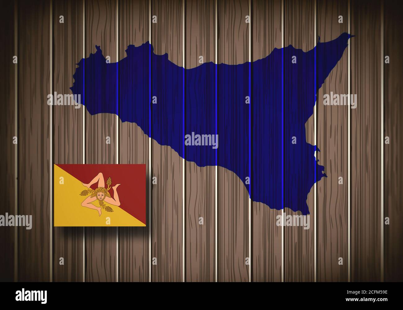 Carte et drapeau de la Sicile, sur fond de bois, région de l'Italie, illustration 3D Banque D'Images