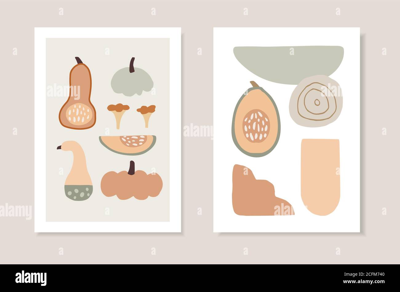 Jeu de cartes de vœux artistiques d'automne, invitations. Couper les citrouilles légumes, champignons et formes géométriques abstraites. Dessins vectoriels modernes et minimalistes Illustration de Vecteur