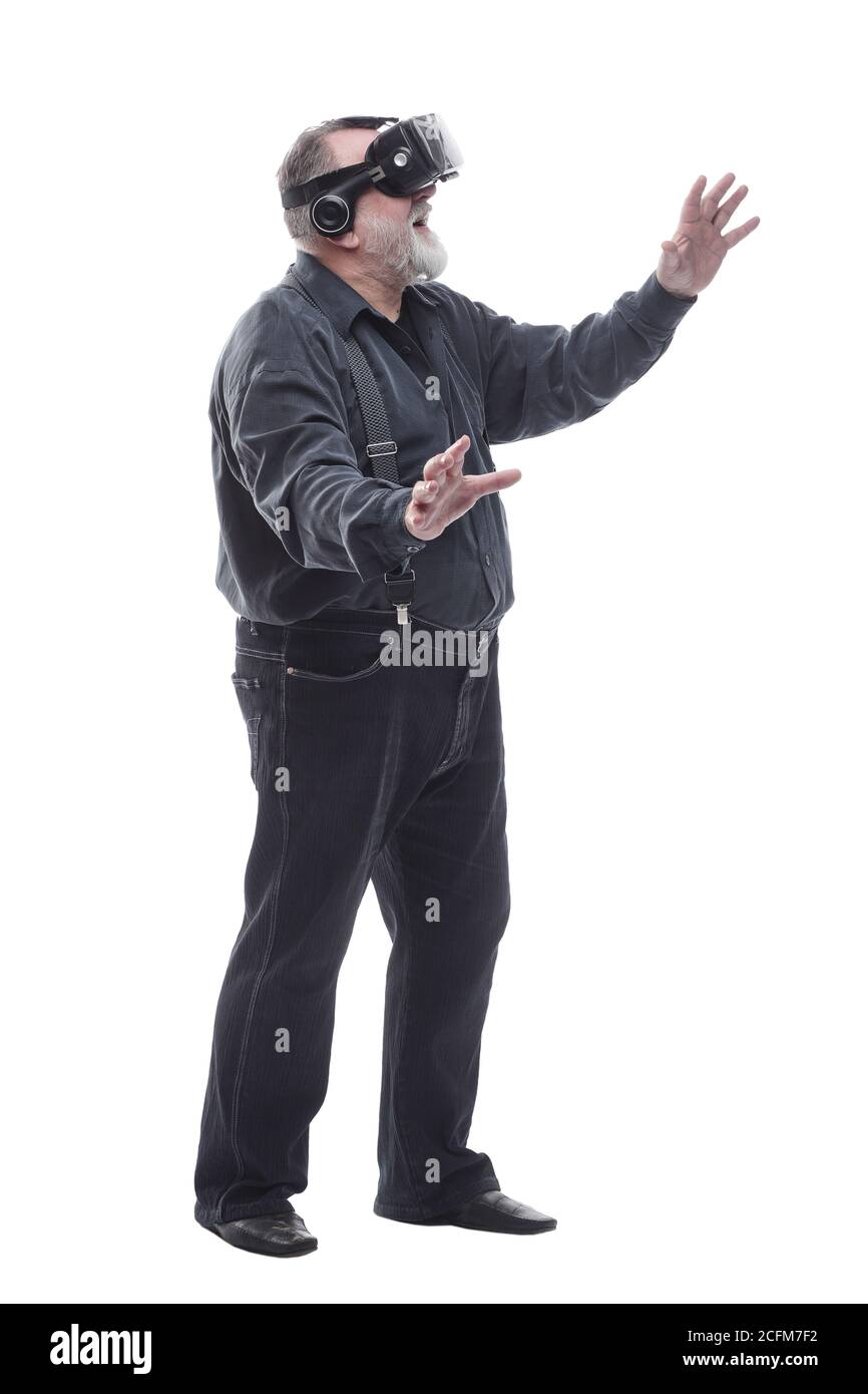 homme adulte moderne dans un casque de réalité virtuelle. isolé sur un blanc Banque D'Images