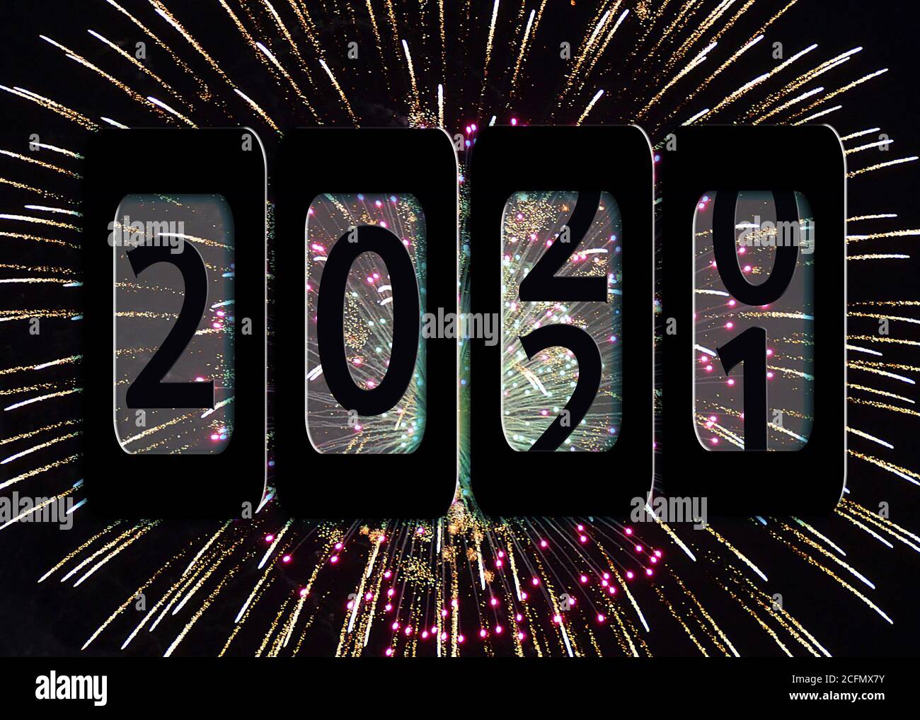 Odomètre du nouvel an 2021 avec fond ciel noir de feux d'artifice Banque D'Images