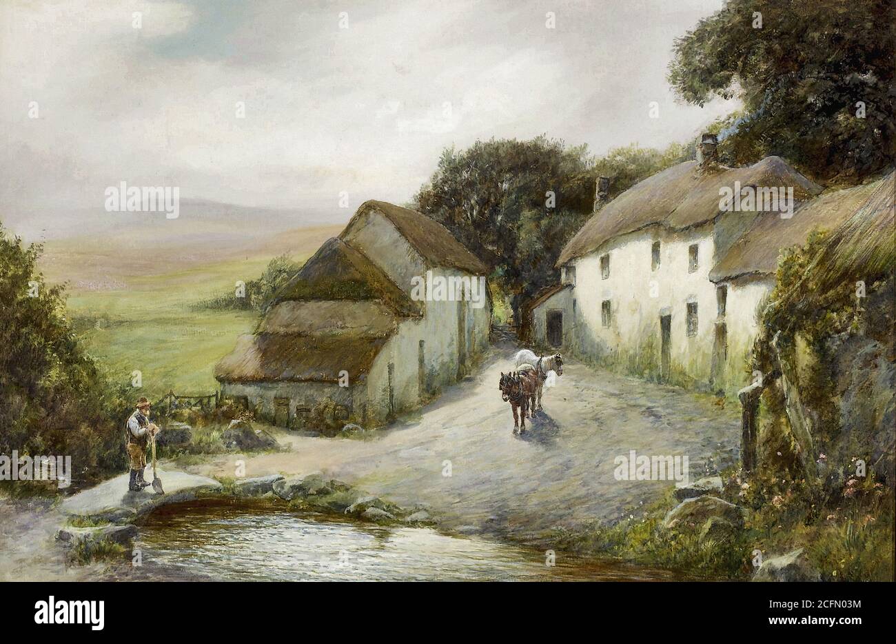 White John - Moorland Farm Dartmoor - British School - 19e siècle Banque D'Images