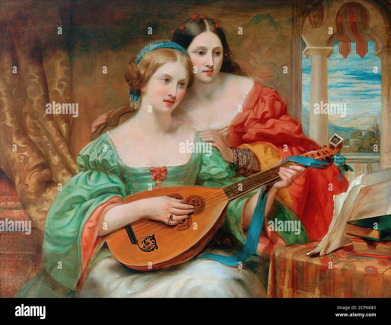Stone Frank - deux femmes dans la musique classique posent un seul jeu A Lute - British School - 19e siècle Banque D'Images