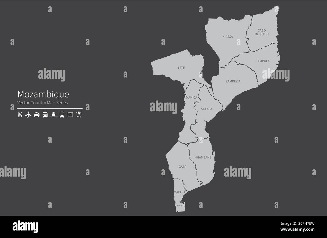 Carte du Mozambique. Carte nationale du monde. Série de cartes de pays de couleur grise. Illustration de Vecteur
