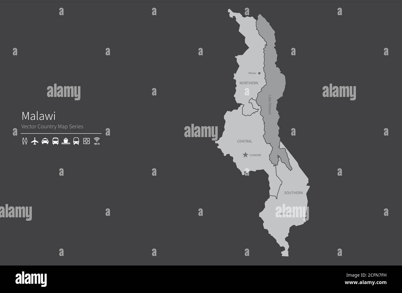 Carte du Malawi. Carte nationale du monde. Série de cartes de pays de couleur grise. Illustration de Vecteur