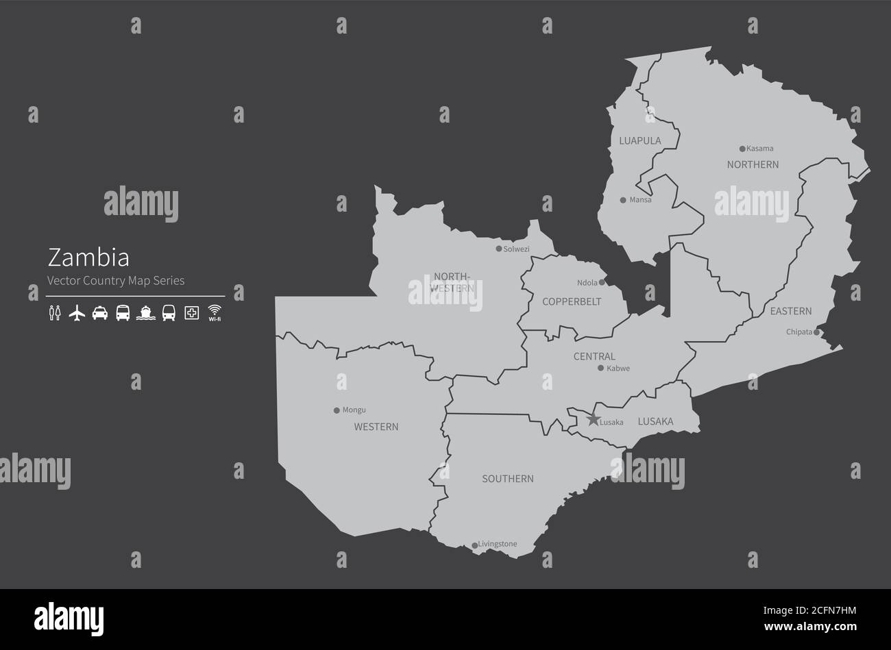 Carte de Zambie. Carte nationale du monde. Série de cartes de pays de couleur grise. Illustration de Vecteur