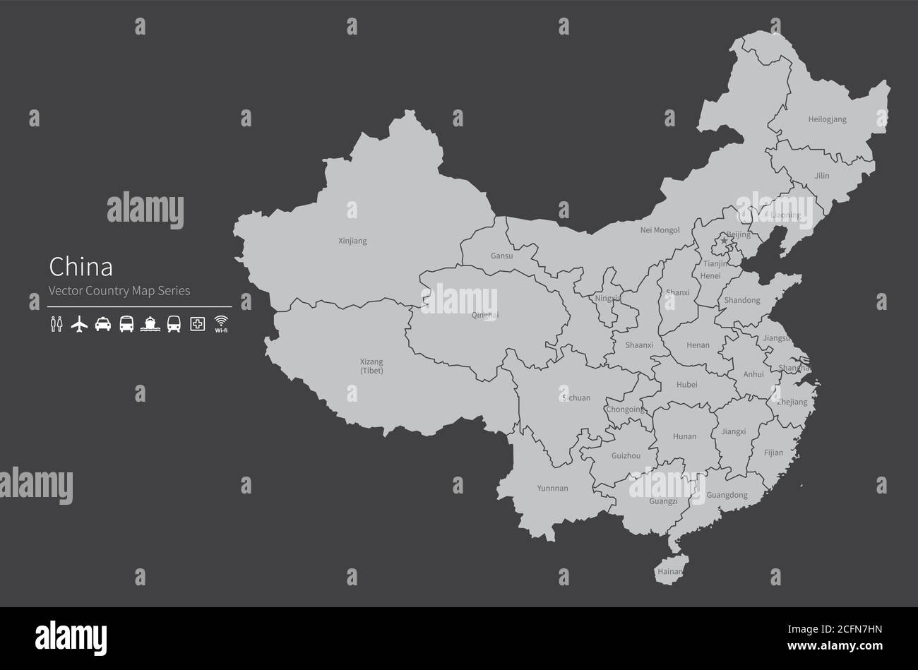 Carte de la Chine. Carte nationale du monde. Série de cartes de pays de couleur grise. Illustration de Vecteur