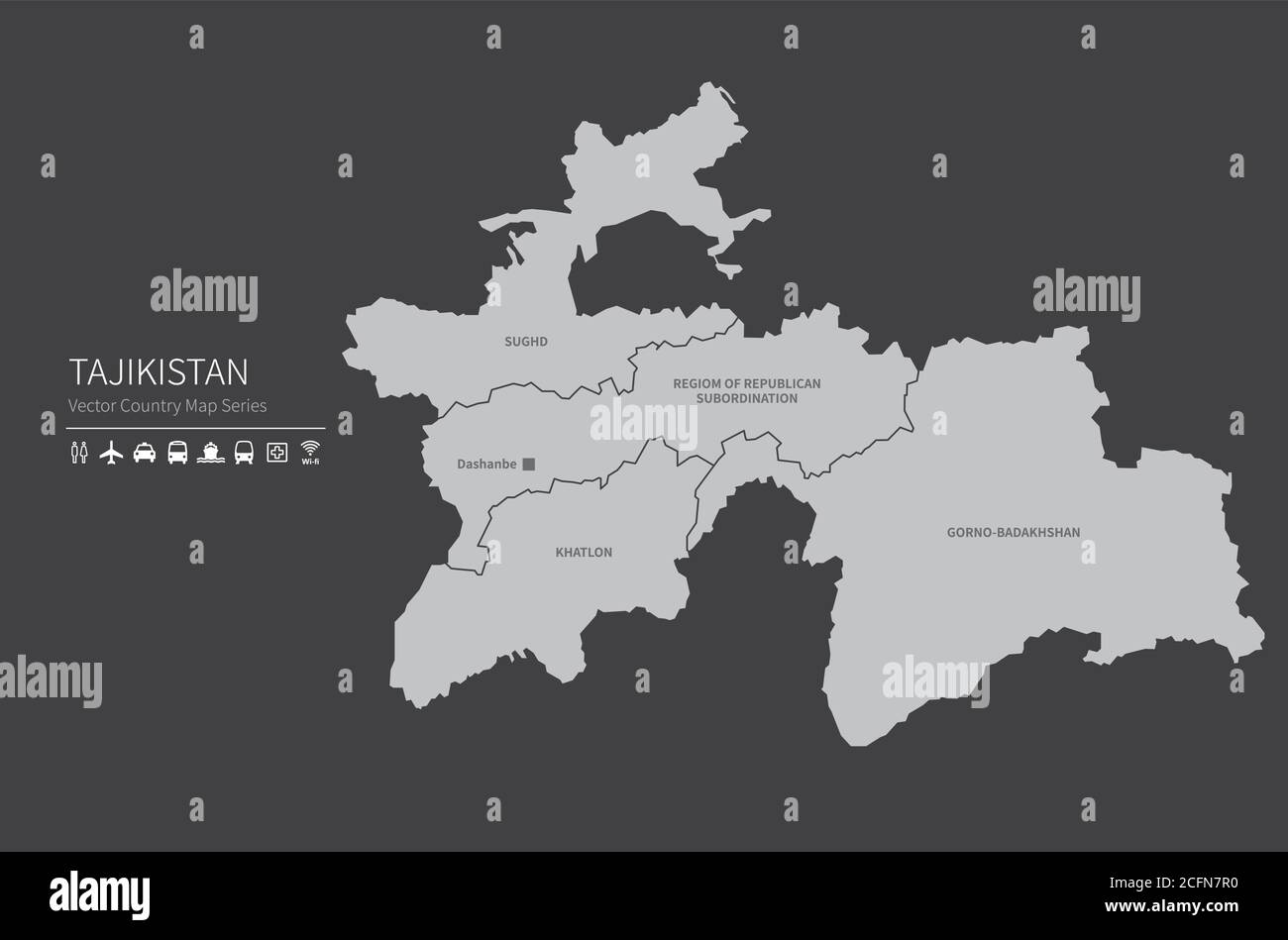 Carte du Tadjikistan. Carte nationale du monde. Série de cartes de pays de couleur grise. Illustration de Vecteur