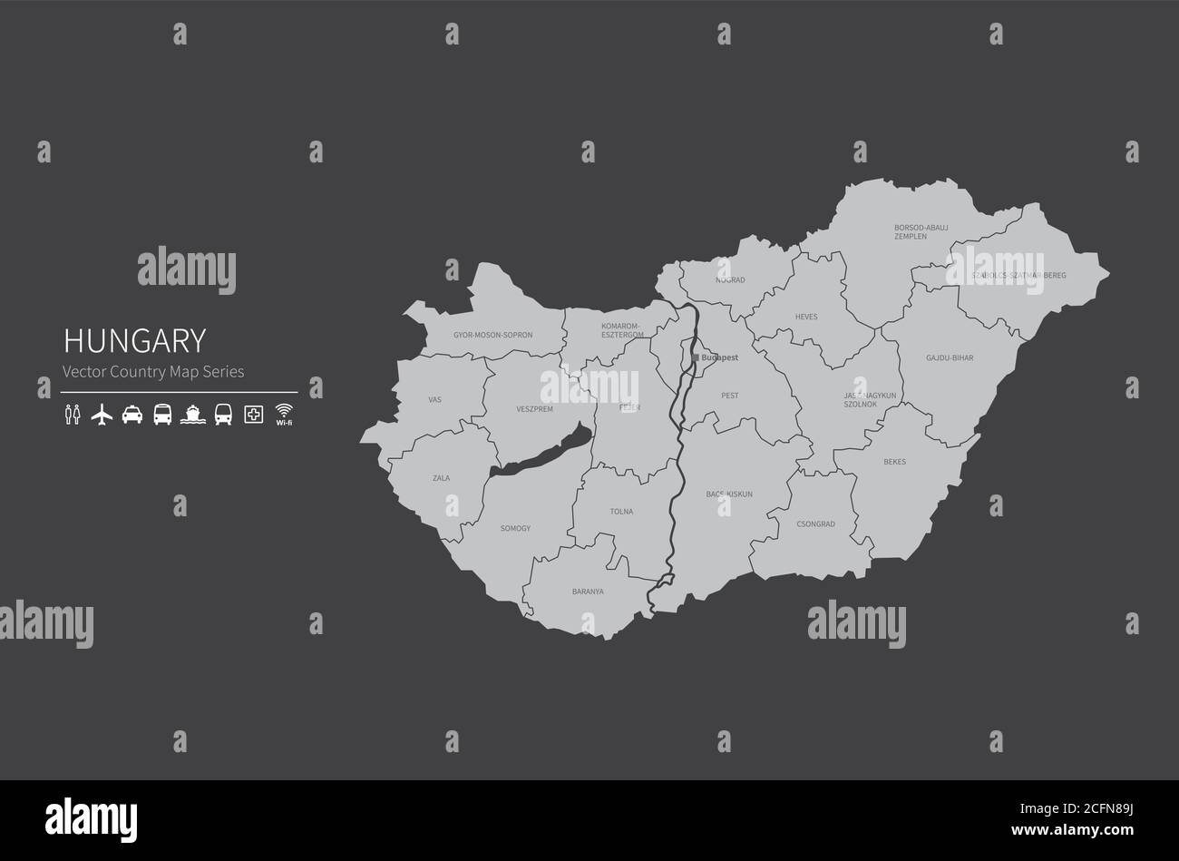 Carte de la Hongrie. Carte nationale du monde. Série de cartes de pays de couleur grise. Illustration de Vecteur