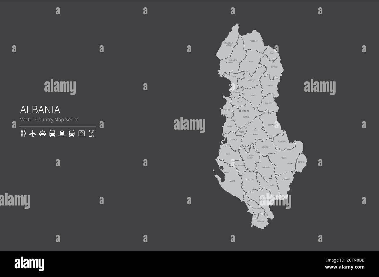 Carte de l'Albanie. Carte nationale du monde. Série de cartes de pays de couleur grise. Illustration de Vecteur