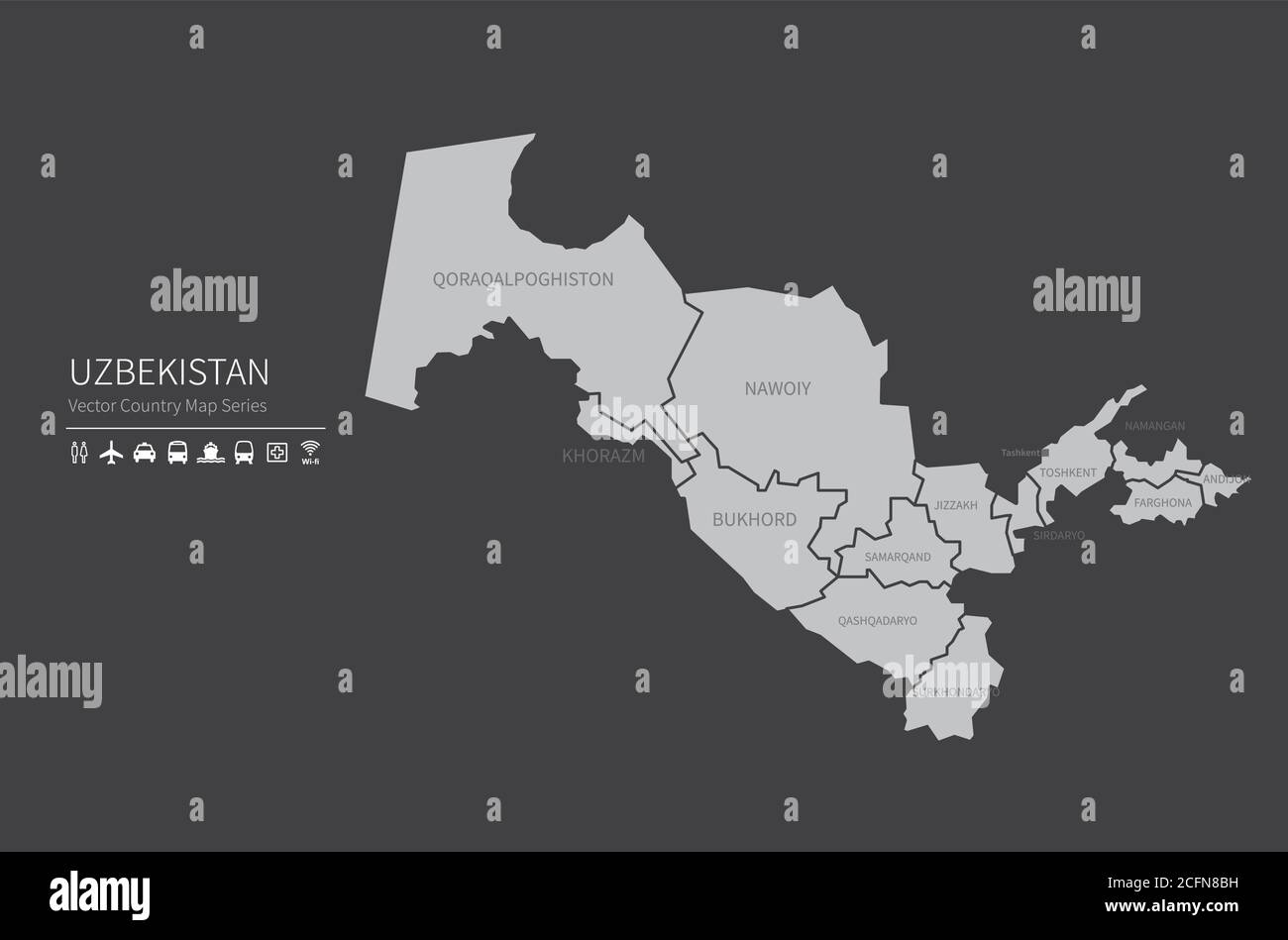 Carte de l'Ouzbékistan. Carte nationale du monde. Série de cartes de pays de couleur grise. Illustration de Vecteur