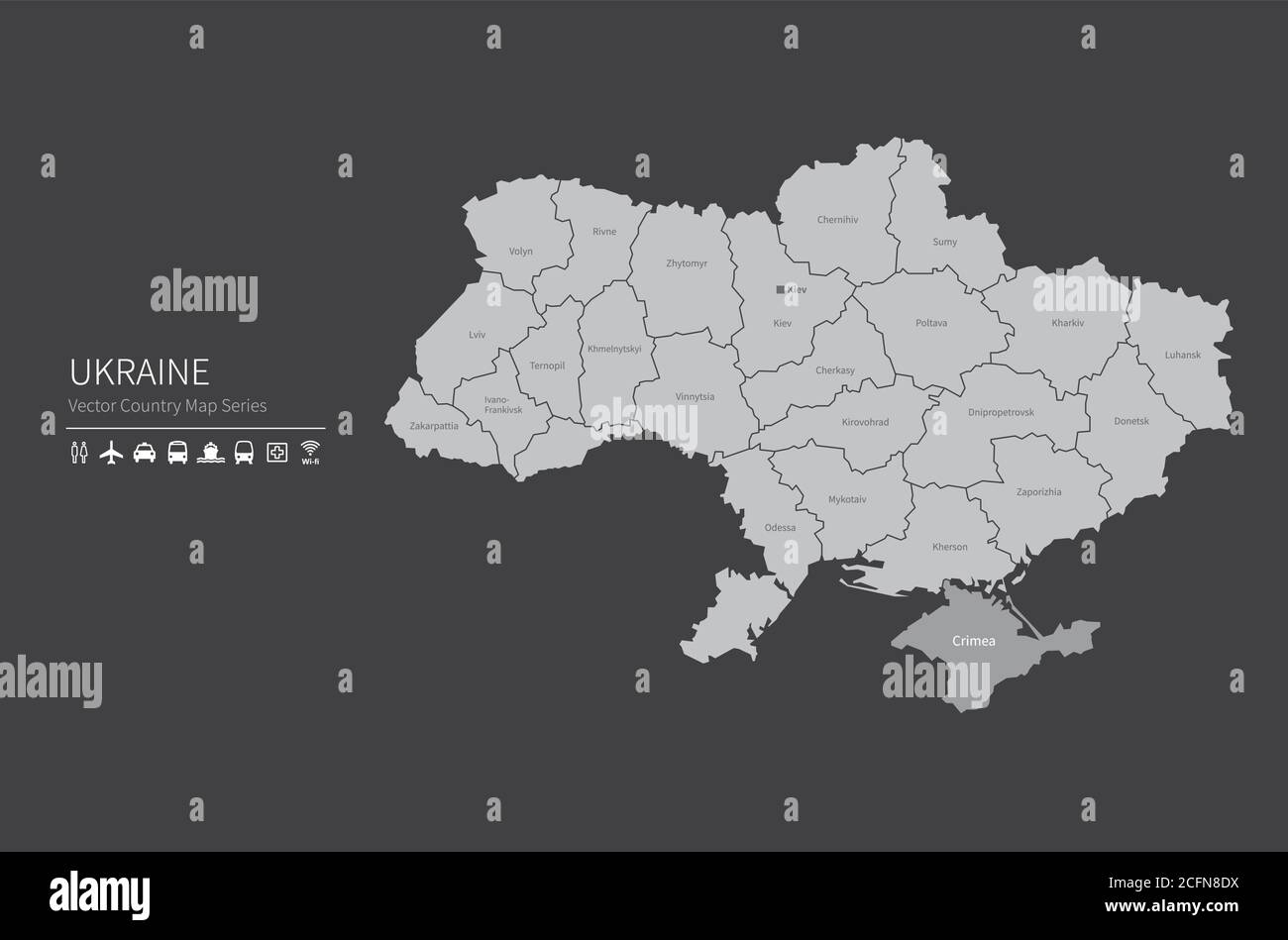 Carte de l'Ukraine. Carte nationale du monde. Série de cartes de pays de couleur grise. Illustration de Vecteur