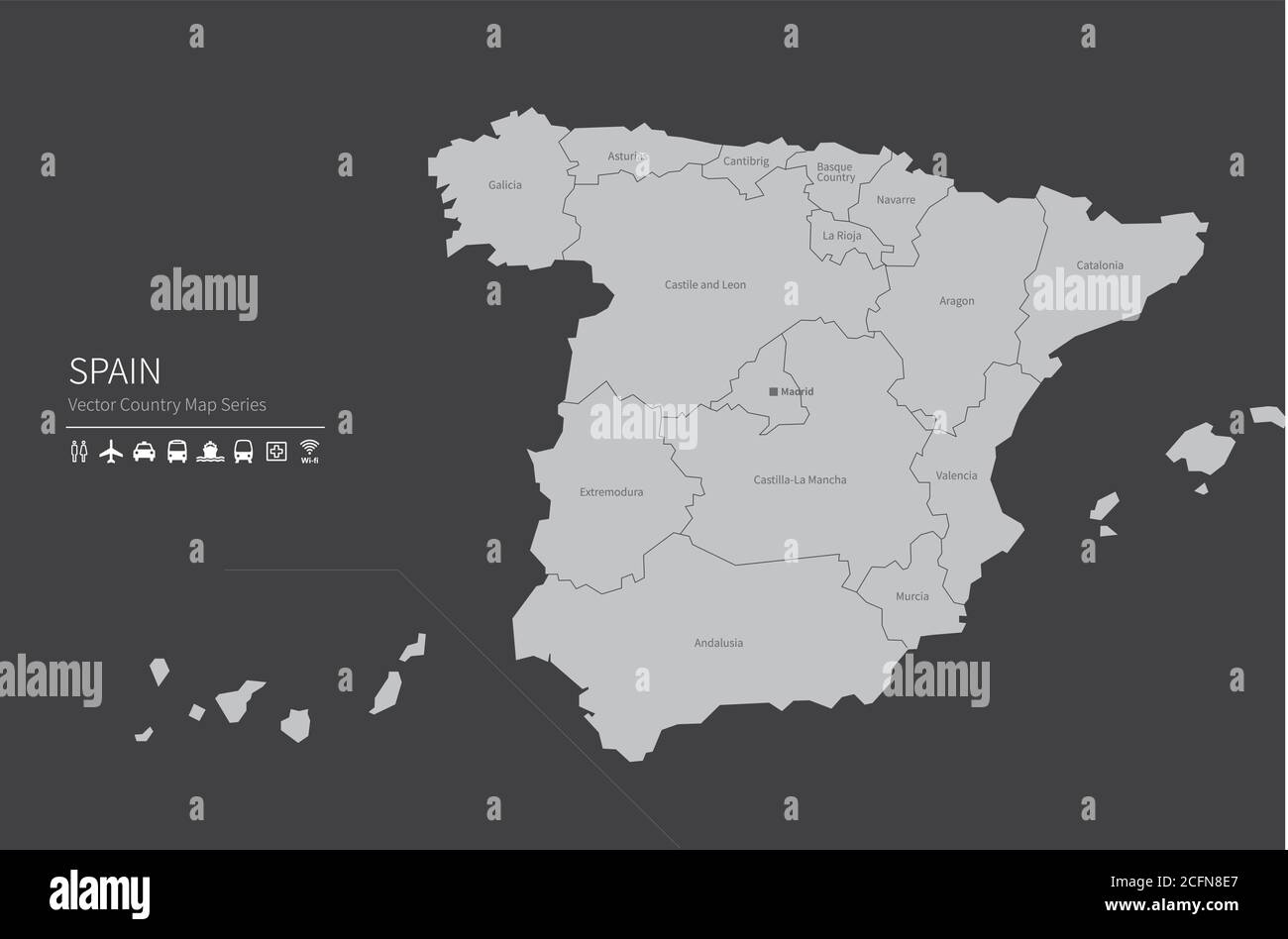 Carte de l'Espagne. Carte nationale du monde. Série de cartes de pays de couleur grise. Illustration de Vecteur