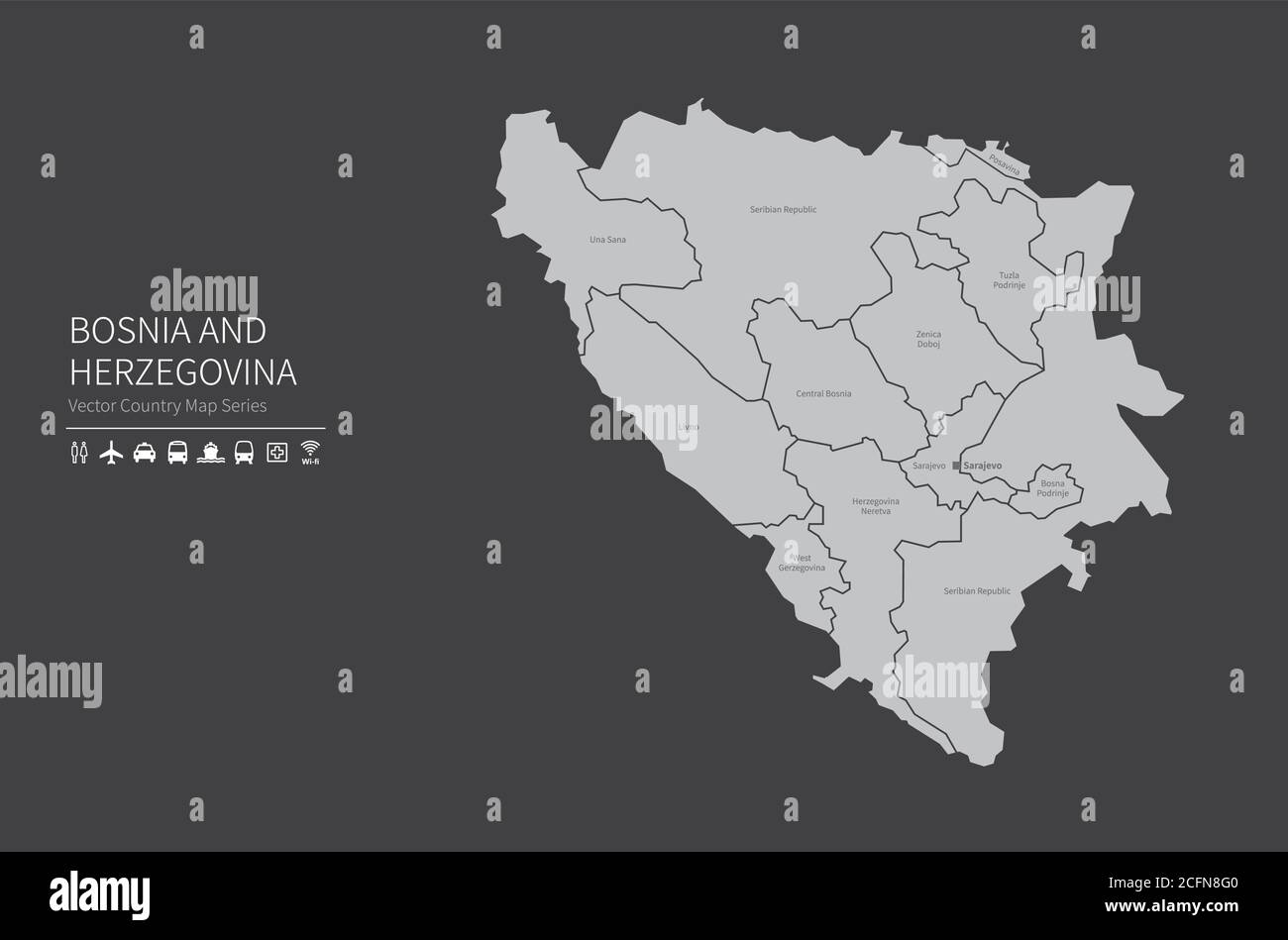 Carte de Bosnie. Carte nationale du monde. Série de cartes de pays de couleur grise. Illustration de Vecteur