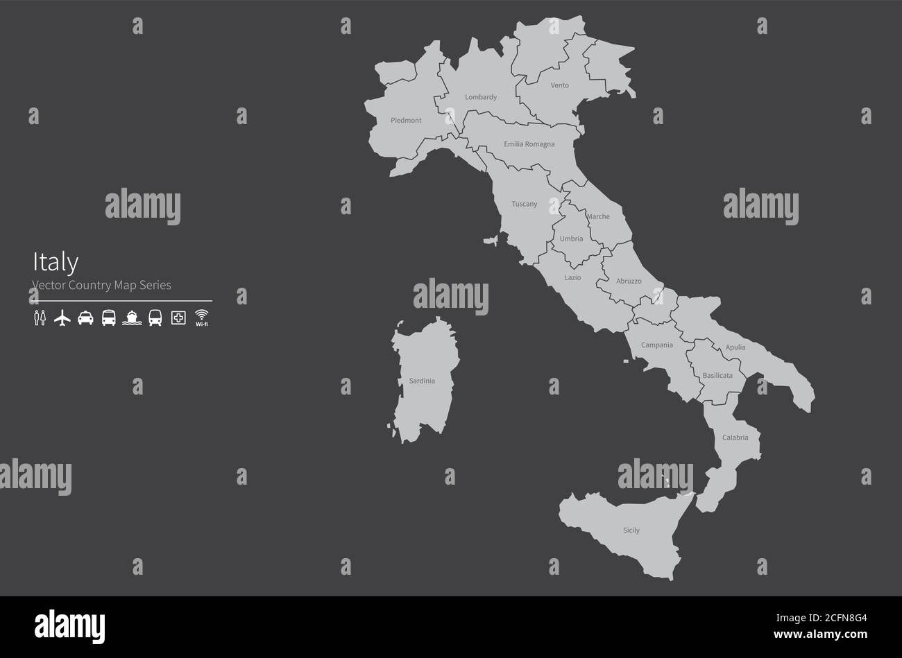Carte de l'Italie. Carte nationale du monde. Série de cartes de pays de couleur grise. Illustration de Vecteur