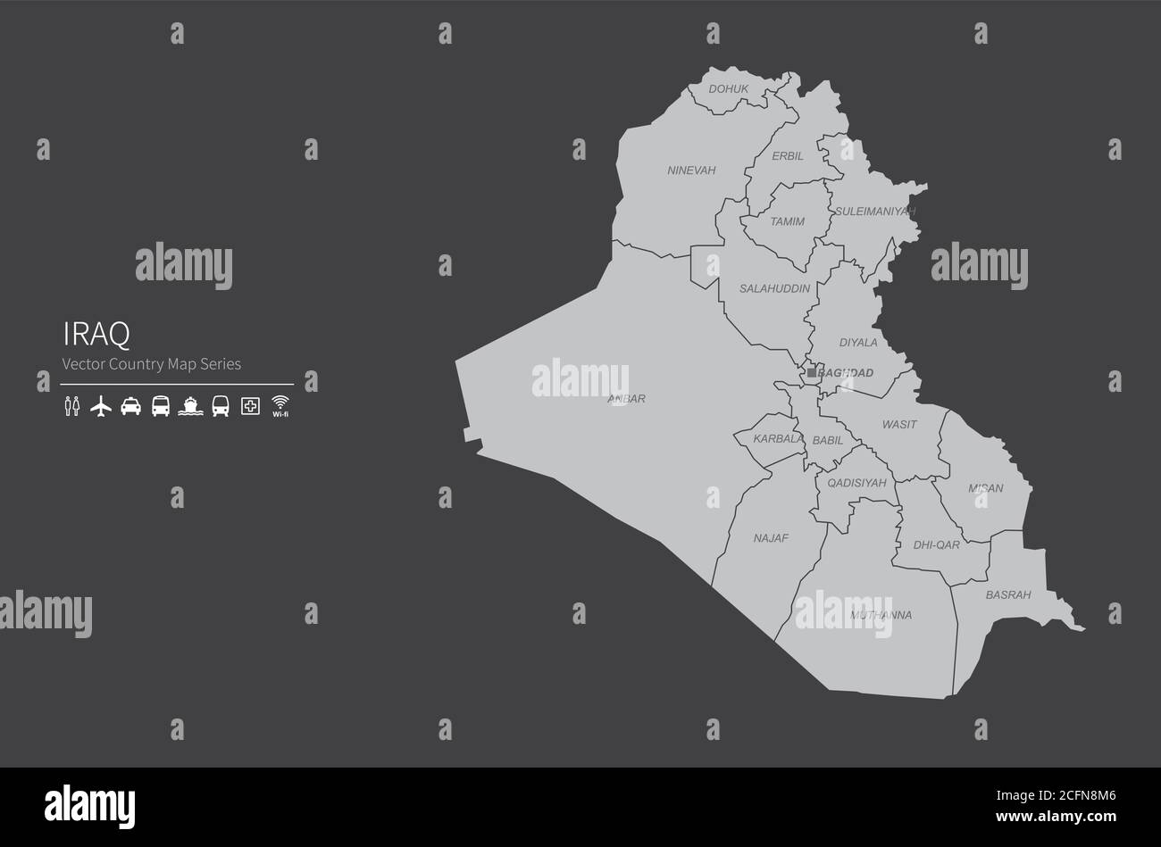 Carte de l'Irak. Carte nationale du monde. Série de cartes de pays de couleur grise. Illustration de Vecteur