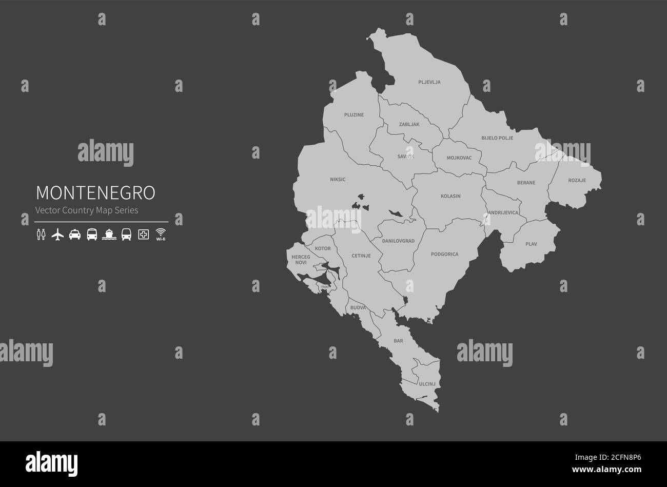 Carte du Monténégro. Carte nationale du monde. Série de cartes de pays de couleur grise. Illustration de Vecteur