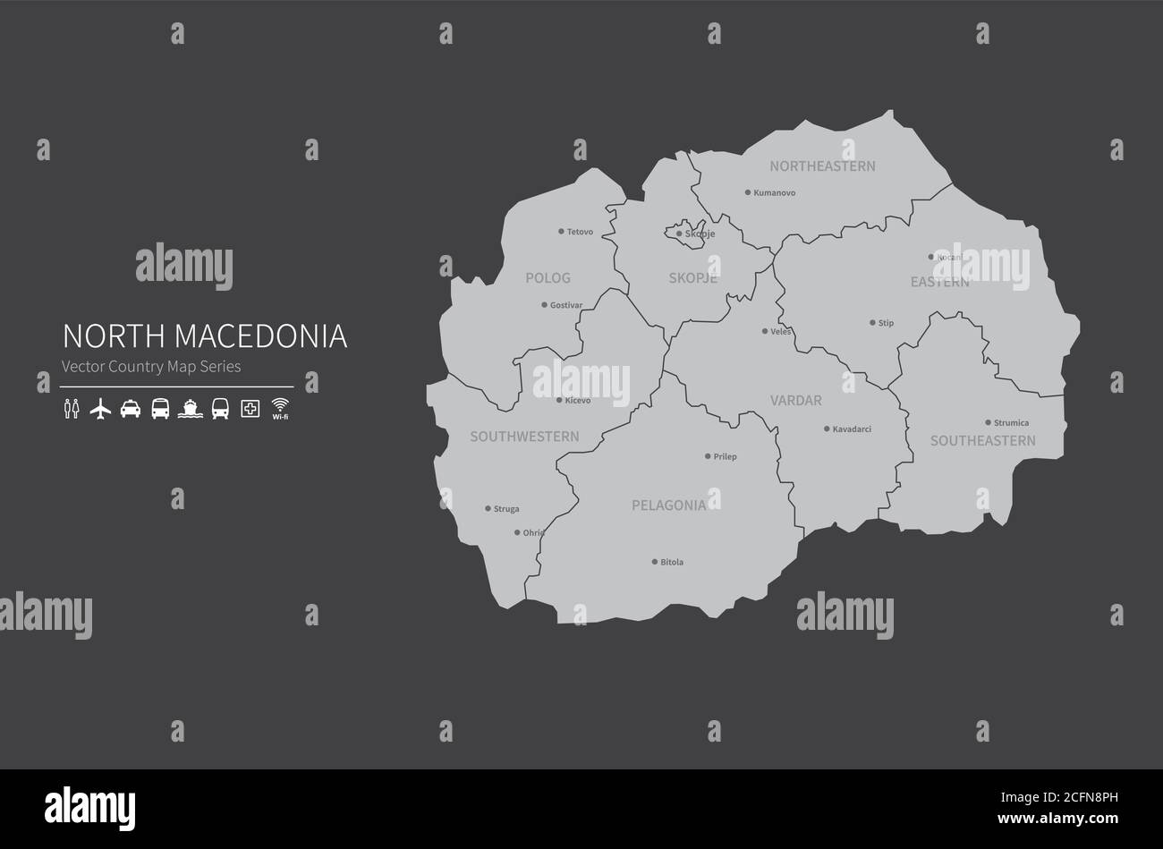 Carte du Nord de la Macédoine. Carte nationale du monde. Série de cartes de pays de couleur grise. Illustration de Vecteur