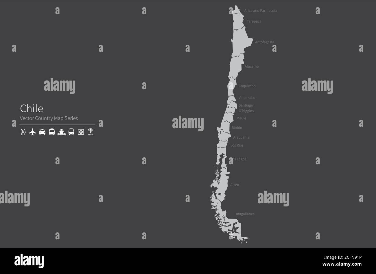 Carte du Chili. Carte nationale du monde. Série de cartes de pays de couleur grise. Illustration de Vecteur