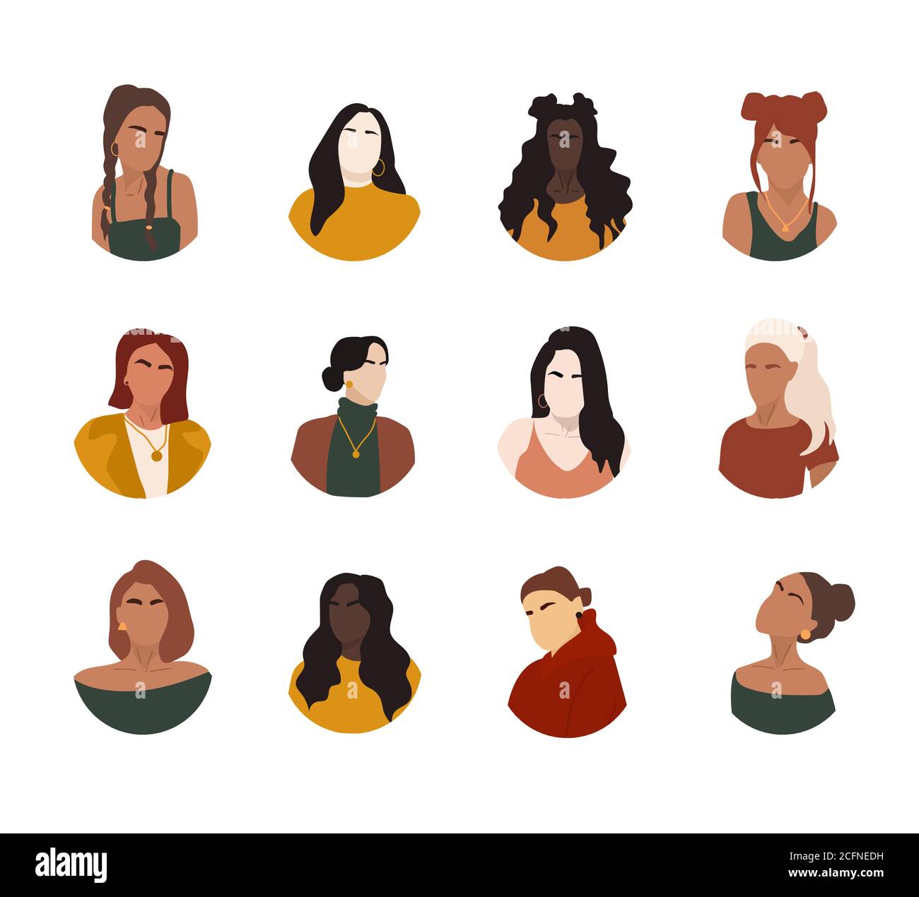 Réaliser différents portraits abstraits de femmes d'une grande équipe d'affaires diversifiée. Ensemble de collègues joyeux. Collection de personnages de dessins animés féminins. Divers Illustration de Vecteur