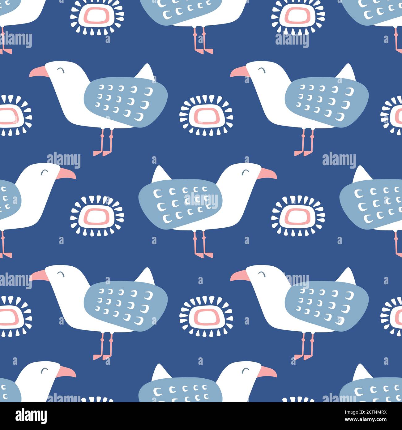 Motif mouette. Amusant oiseau de mer et vecteur de soleil répétition sans couture arrière-plan de bord de mer. Illustration de Vecteur