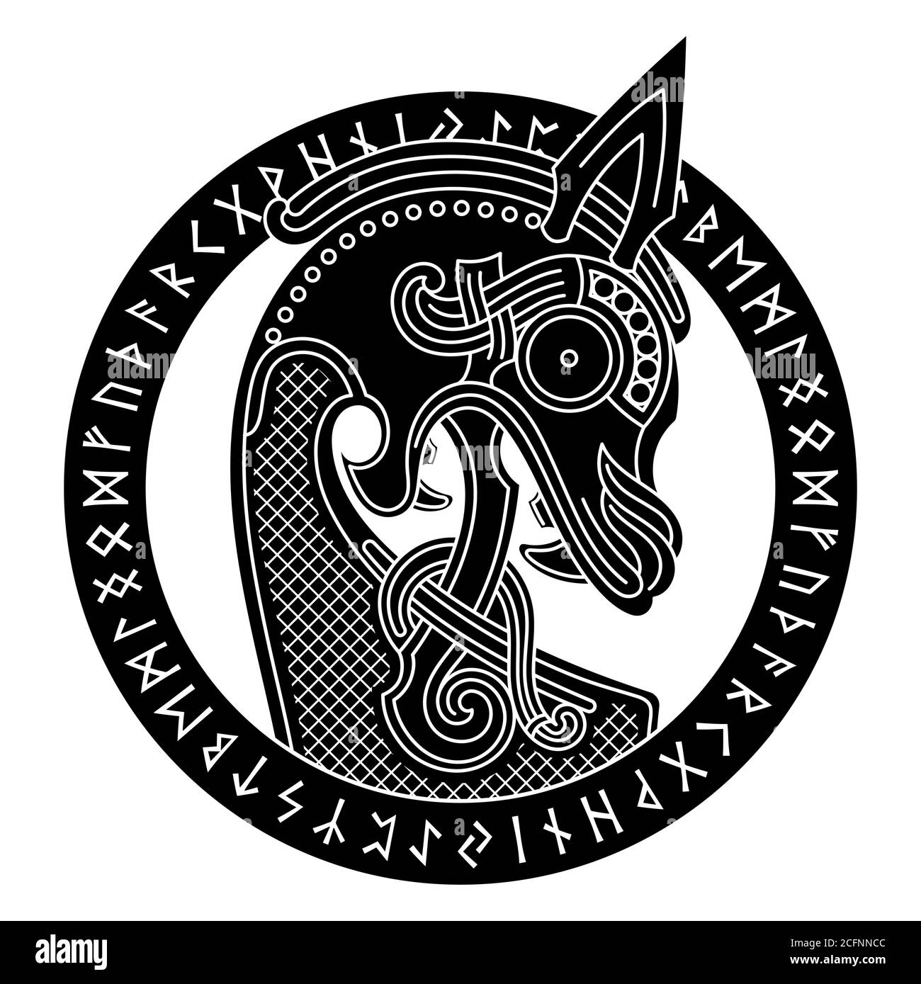 Design scandinave. Tête de dragon. La figure d'arc du navire viking Drakkar et le cercle runique Illustration de Vecteur