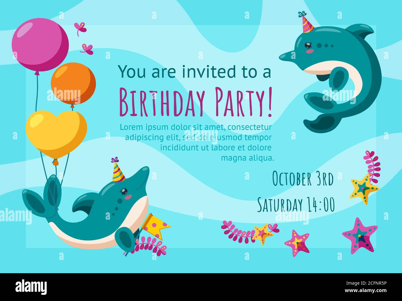 Carte D Anniversaire Avec De Jolis Petits Dauphins Et Etoiles De Mer Motif D Invitation Pret A Porter Avec Ballons Et Chapeaux D Anniversaire Vecteur De Fault Colore Image Vectorielle Stock Alamy