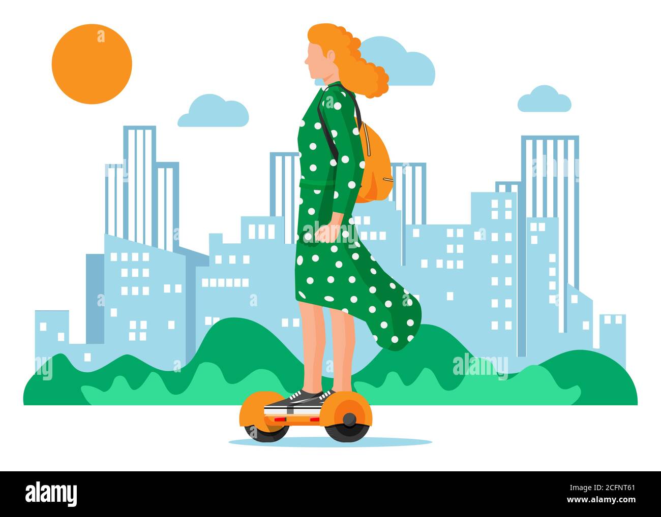 Jeune femme sur auto-équilibrage deux roues à batterie-alimenté scooter électrique. Femme à monter sur un planque. Transport urbain écologique. Transport urbain écologique et pratique. Illustration vectorielle plate Illustration de Vecteur