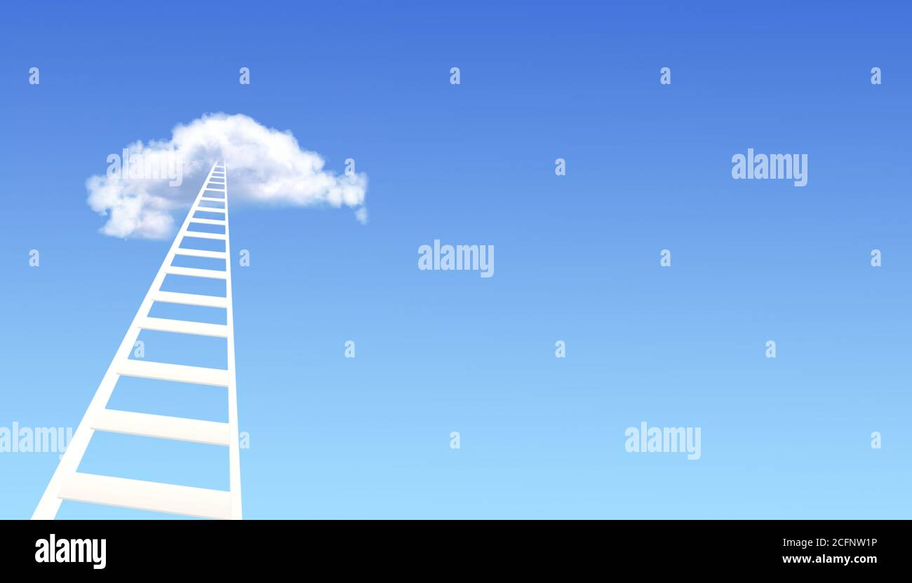 Concept d'échelle de réussite. Bannière horizontale avec escalier dans le nuage sur fond bleu ciel. Des marches pour le ciel. Scène fantastique avec Stairway to Banque D'Images