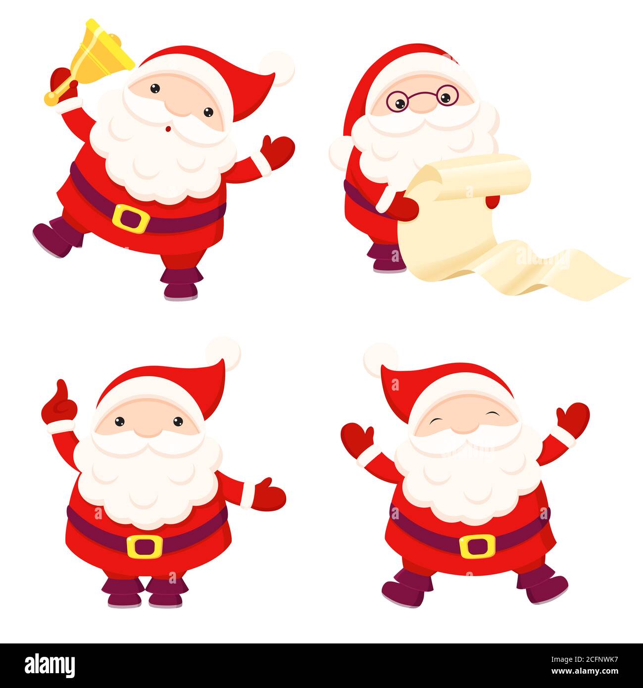 Ensemble Noël Père Noël. Collection de Noël de bonnes clauses de Santa dans diverses postures - saut, cloche de maintien, lecture de la liste de cadeaux. Illustration vectorielle Illustration de Vecteur